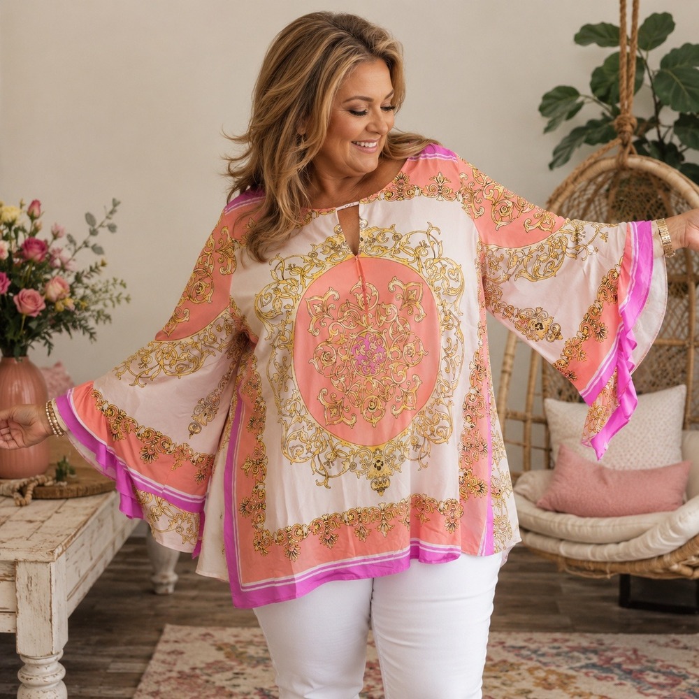 Melissa Paige Womens Pink Orange Baroque‎ Bell Sleeve Tunic Top Plus Size 1X